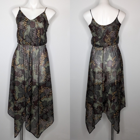 Vintage Dresses & Skirts - Vintage Ragtime neutral green yellow maroon sheer abstract floral dress S
